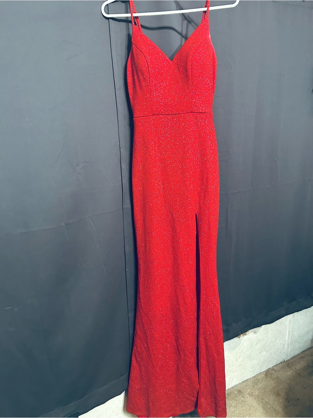 City Triangles Red Glitter Spaghetti Strap Prom Gown
